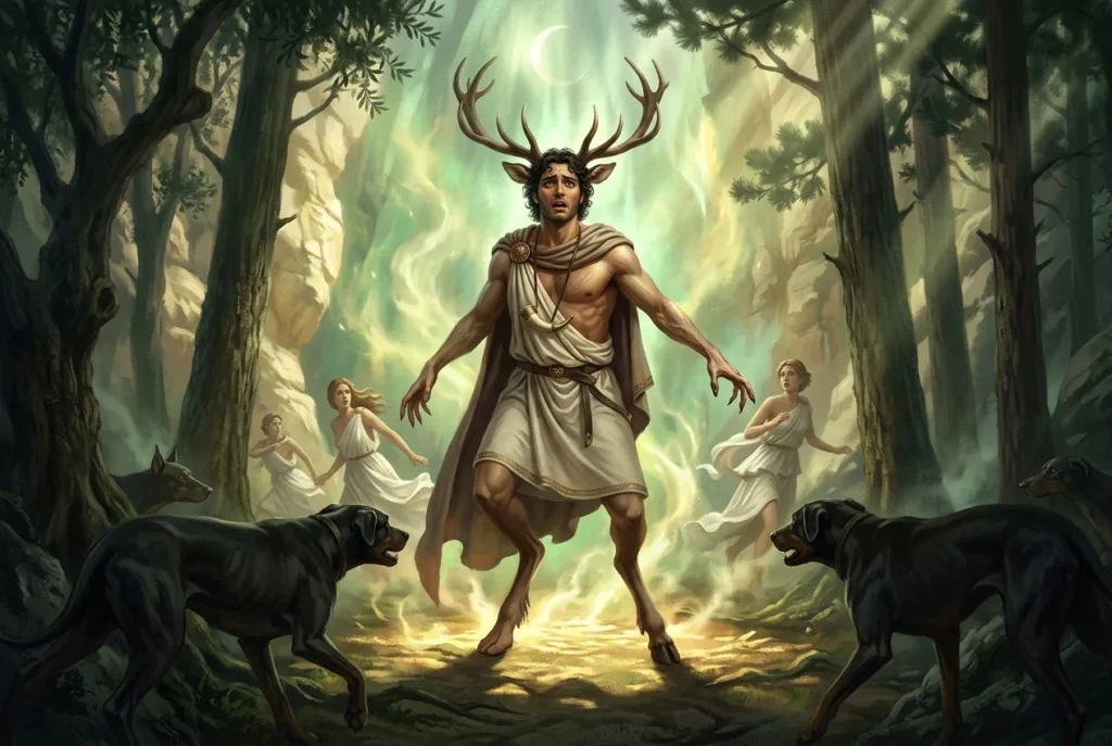 Actaeon transformado en ciervo siendo perseguido por sus perros en la mitología griega clásica