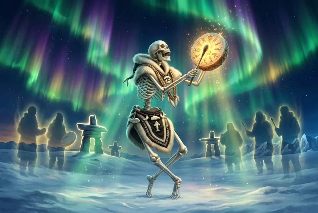 Ahkiyyini esqueleto animado de la mitología inuit danzando con instrumentos musicales, criatura espiritual del folclore ártico