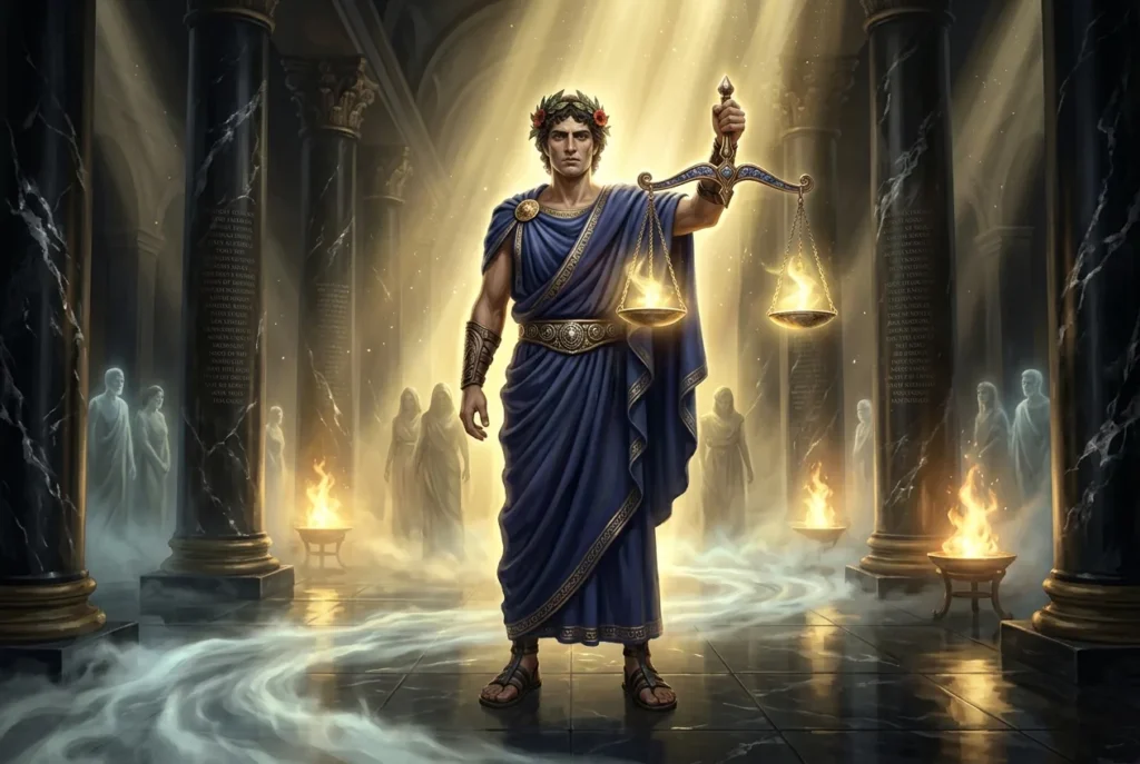 Aiacos, juez del Hades en la mitología griega, sosteniendo las balanzas de la justicia para juzgar almas de difuntos
