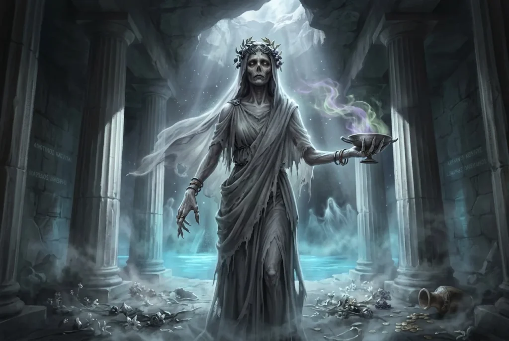 Akhlys, diosa griega de la fatalidad y el sufrimiento, personificación de la miseria en la mitología griega