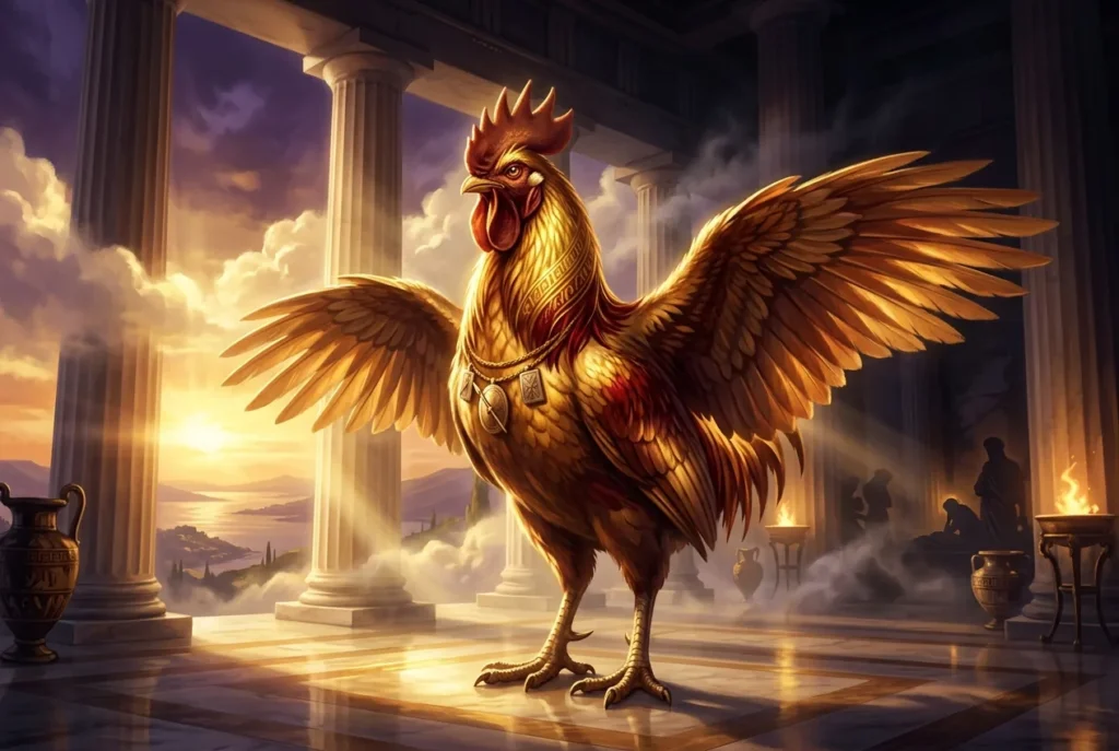 Alectryon, centinela de los dioses en la mitología griega, transformado en gallo