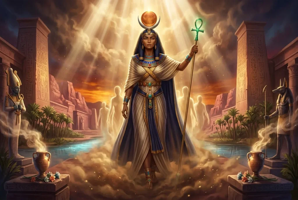 Amenti reino de los muertos Antiguo Egipto, ilustración mitología egipcia con simbolismo funerario