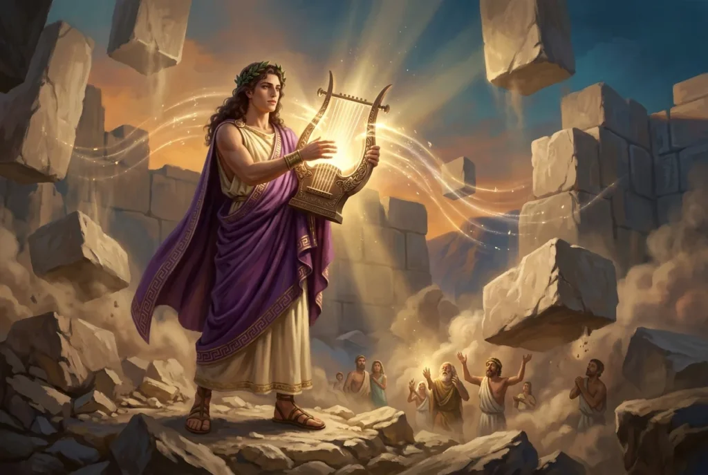 Amphion semidios mitología griega tocando lira mágica levantando piedras construcción ciudad