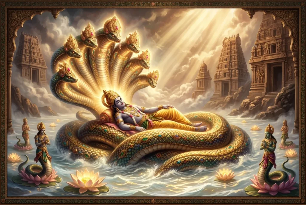Ananta serpiente infinita mitología hindú mil cabezas lecho Vishnu océano cósmico