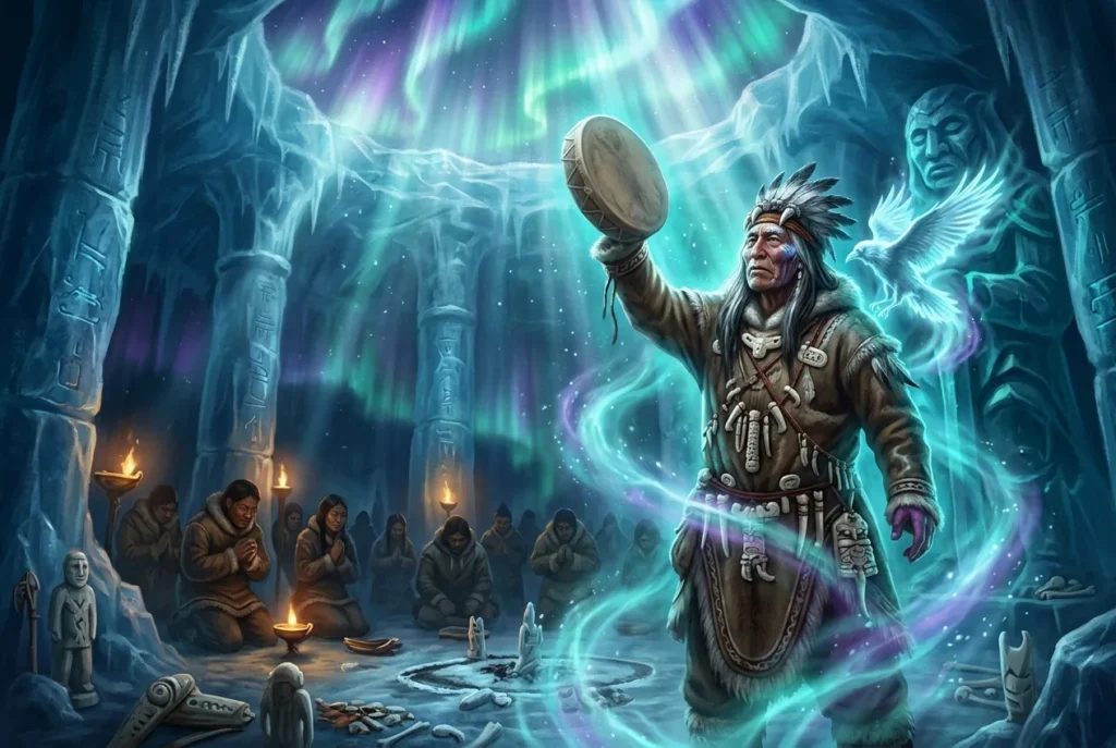 Angakok chamán inuit del Ártico en ritual espiritual conectando con espíritus