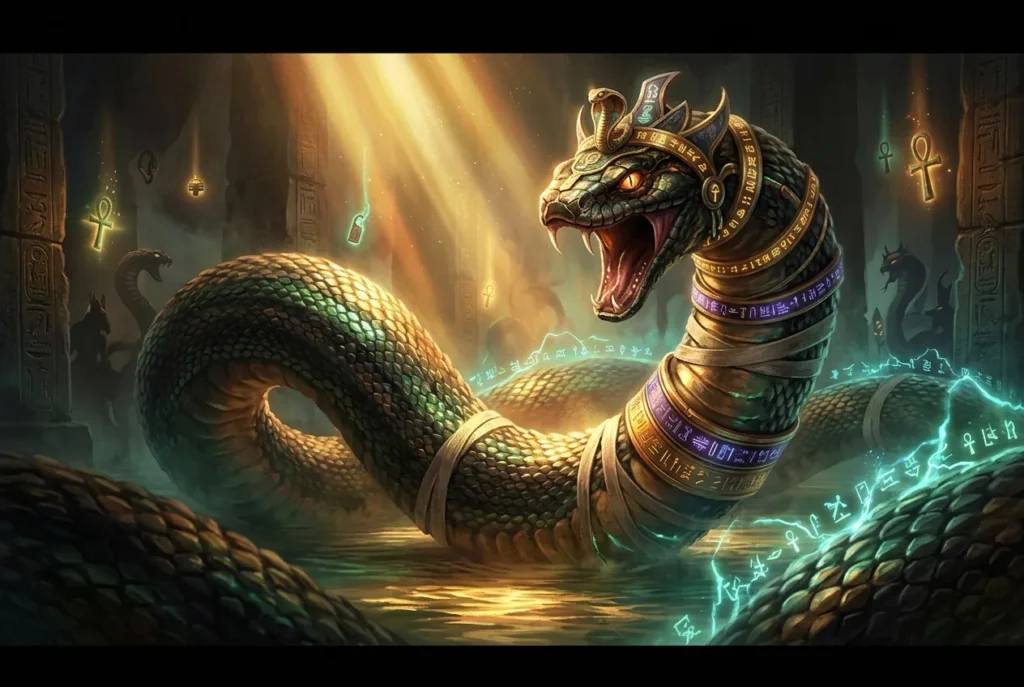 Apep serpiente del caos mitología egipcia, enemiga de Ra en la batalla entre luz y oscuridad