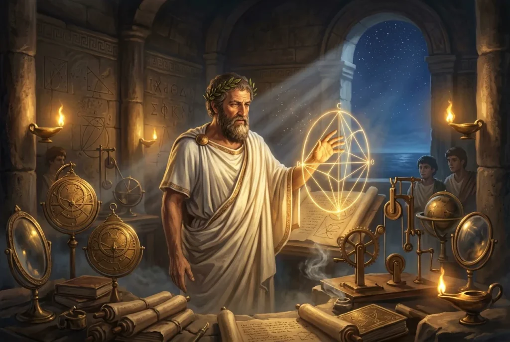 Archímedes matemático y físico griego antiguo, retrato mitológico de la antigua Grecia