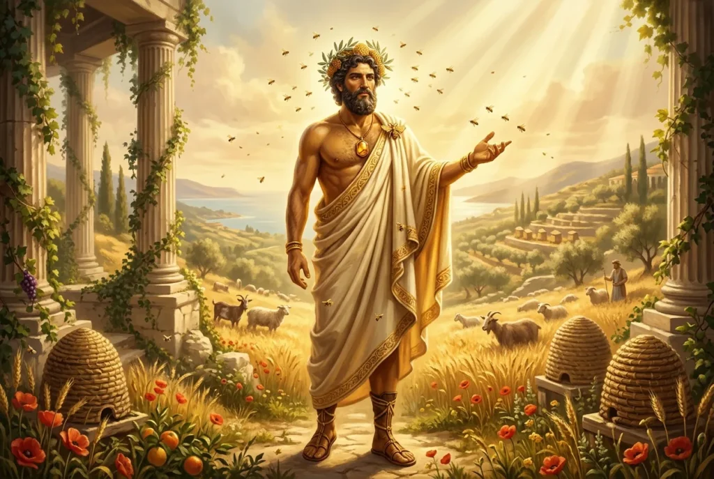 Aristaeus, dios griego de la apicultura y agricultura, representado como guardián mitológico