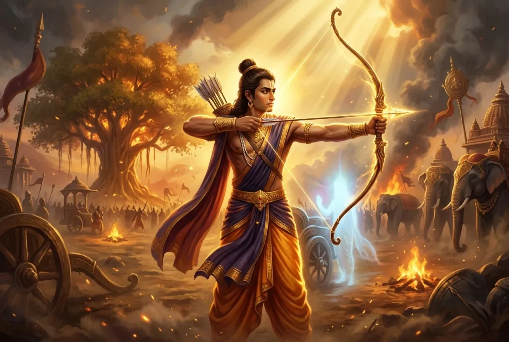 Arjuna, héroe arquero de la mitología hindú del Mahabharata, en diálogo espiritual con Krishna