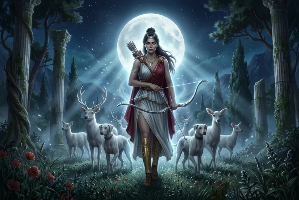 Artemis diosa griega de la caza y la luna con arco y flechas, deidad olímpica mitología griega