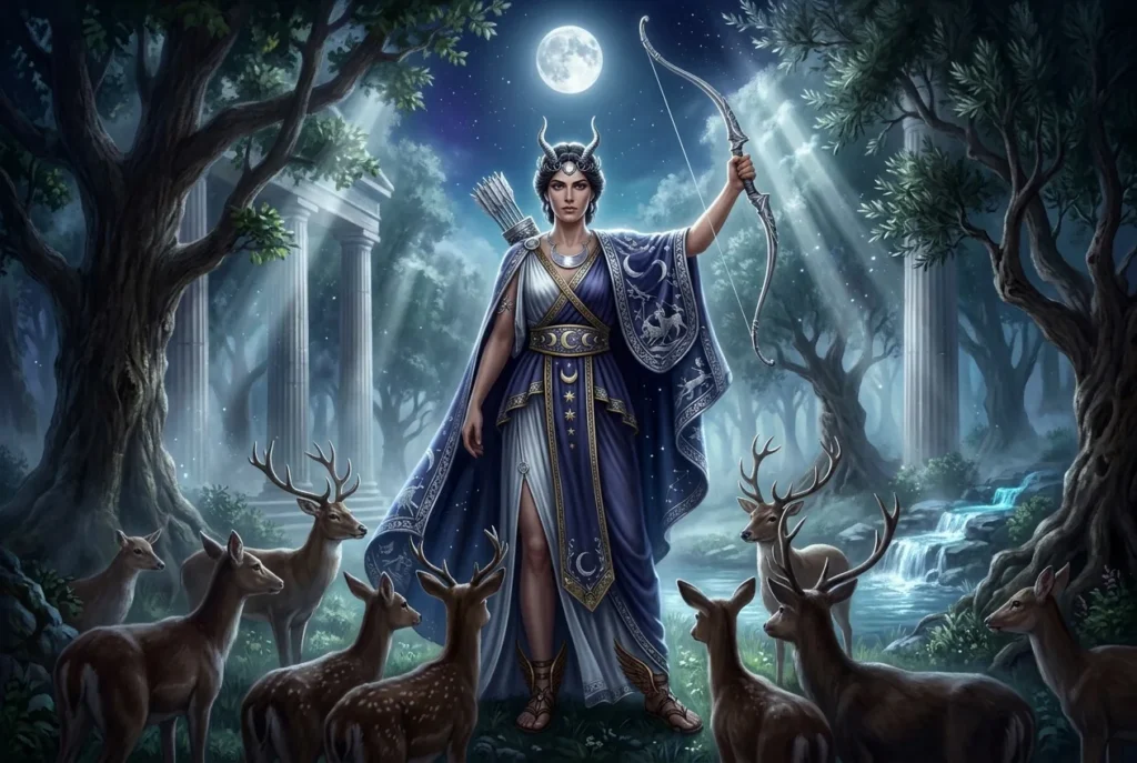 Artemisa diosa griega de la caza y la luna con arco y flechas en mitología griega