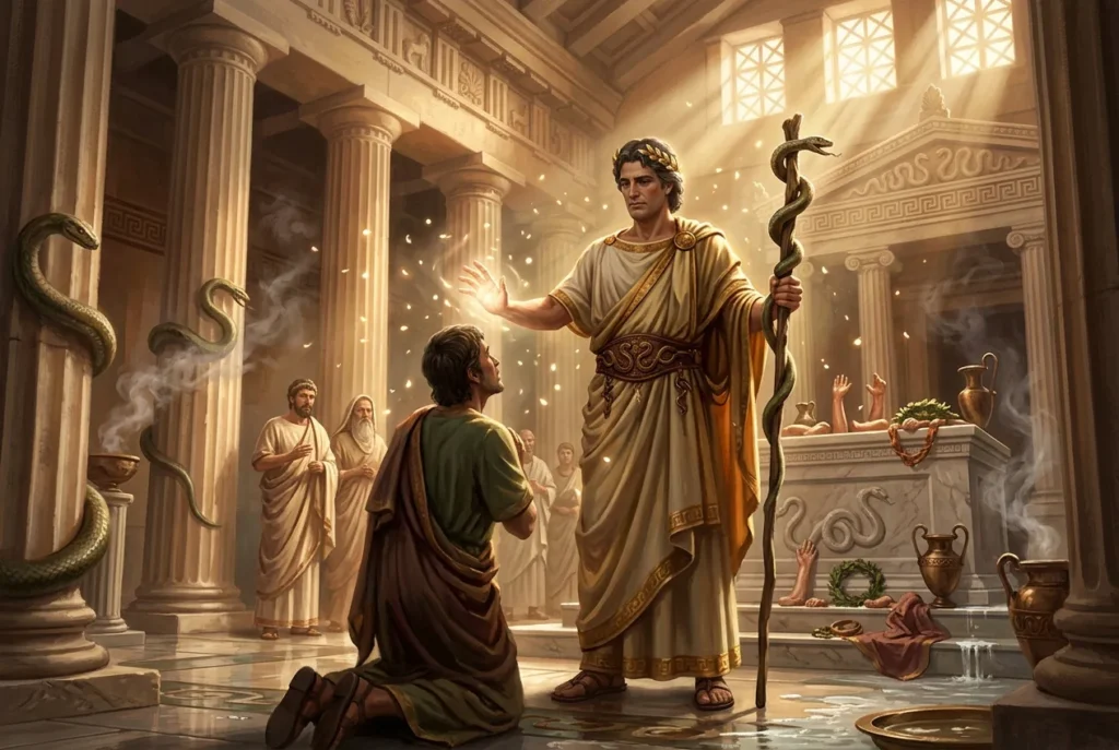 Asclepio dios de la medicina mitología griega con vara de Esculapio