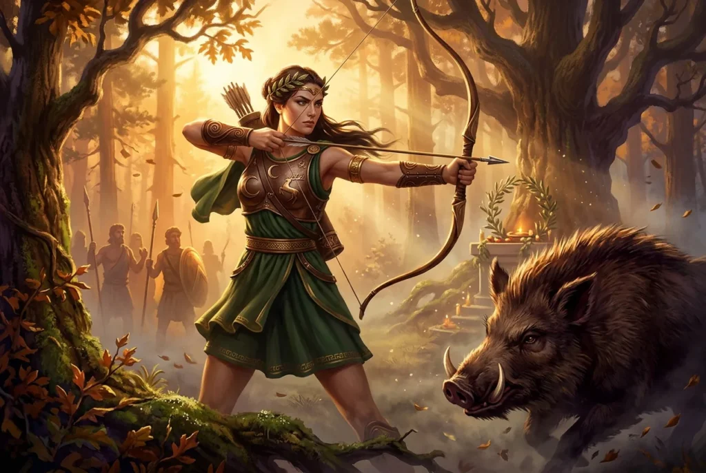 Atalanta la cazadora veloz de la mitología griega antigua, heroína con arco y flecha