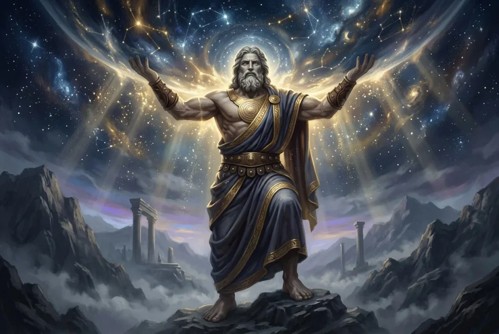 Atlas titán griego portando el cielo sobre sus hombros, símbolo de fortaleza en la mitología griega