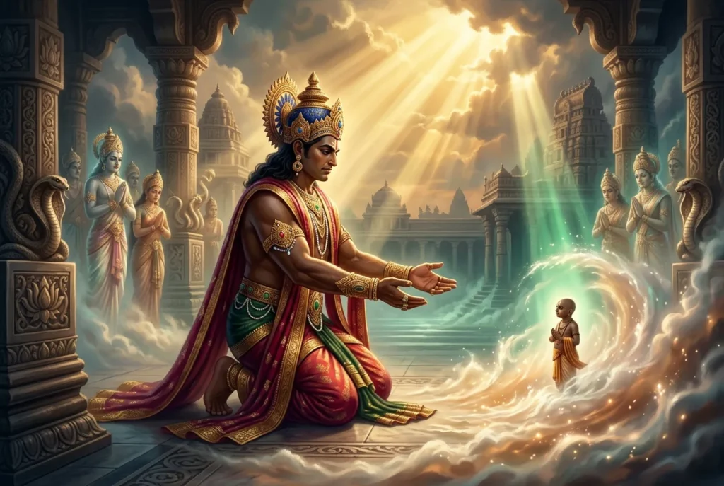 Bali el rey demonio de la mitología hindú, representado en su trono gobernando los tres mundos con justicia y generosidad