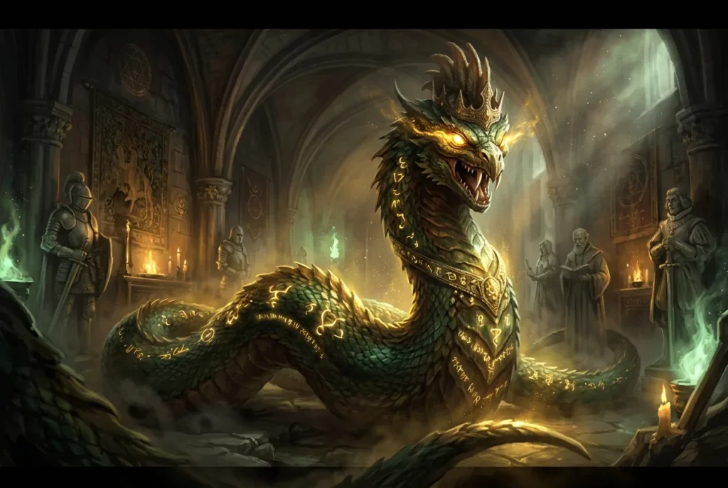 Basilisco de la mitología europea: serpiente legendaria con corona y mirada mortal