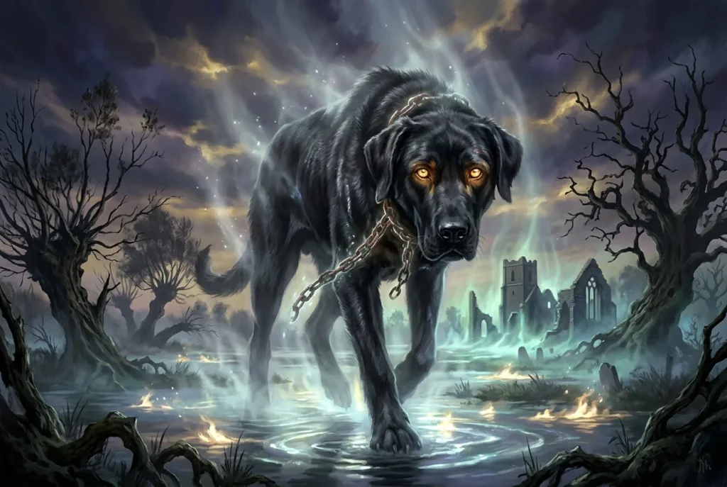 Black Shuck, perro espectral del folclore británico con ojos brillantes, criatura mítica de East Anglia