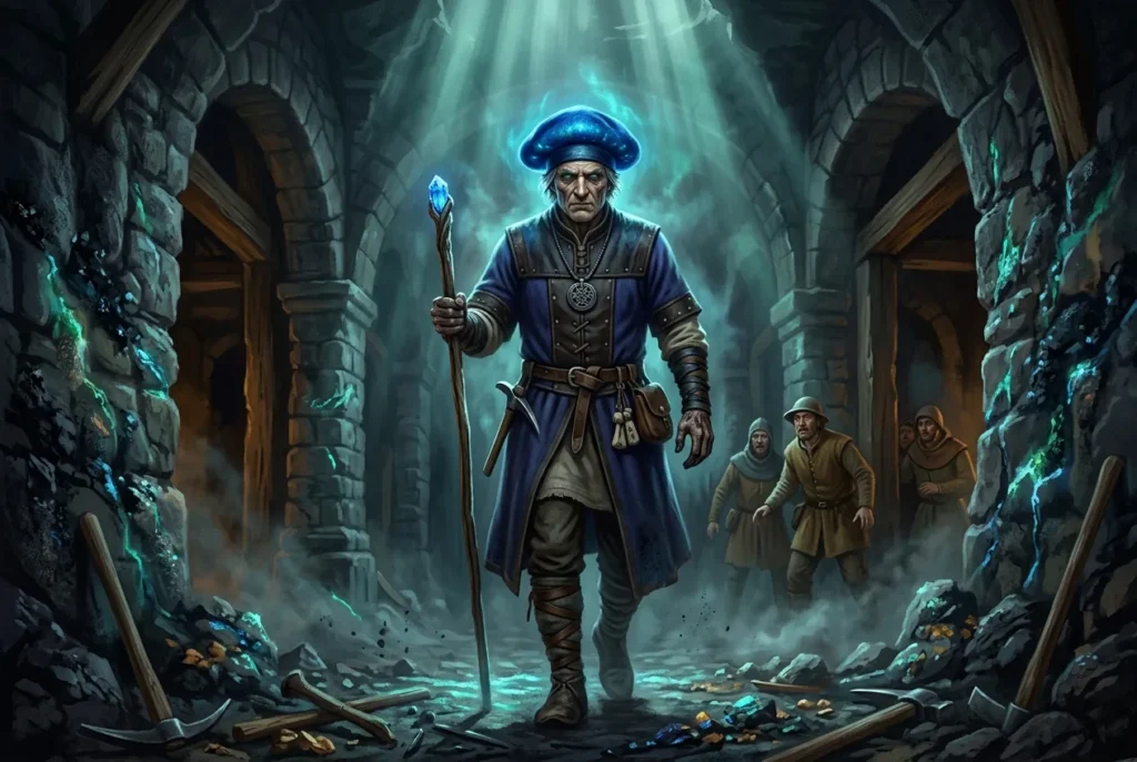 Blue Cap criatura del folklore británico con gorra azul iluminando minas de Inglaterra y Escocia
