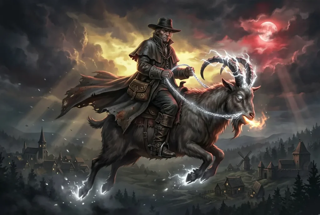 Buckriders o Bokkenrijders, criaturas legendarias de la mitología europea medieval volando en cabras