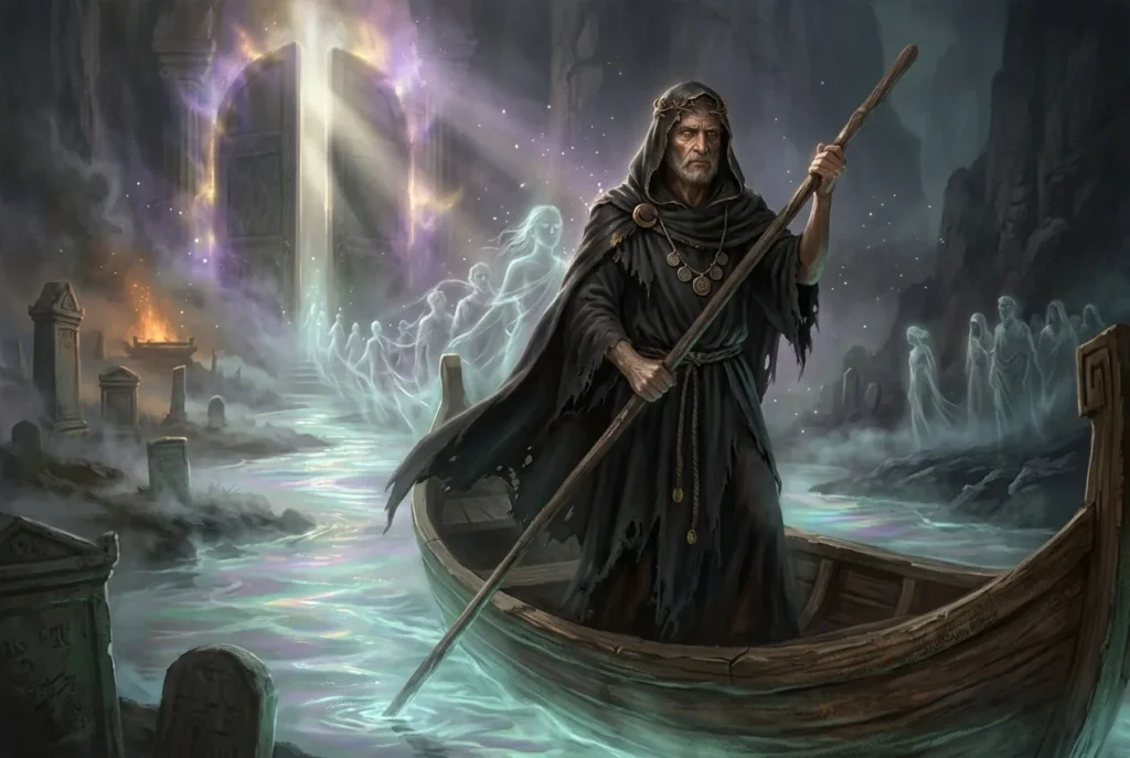 Caronte barquero mitología griega transportando almas río Estigia Hades muerte antigua