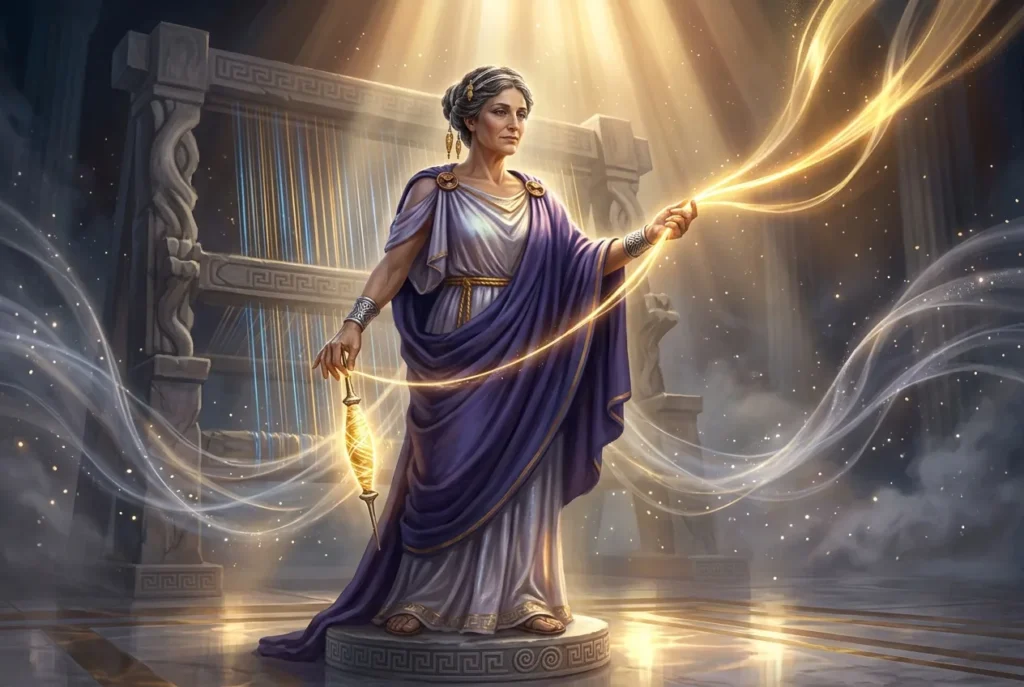 Clotho la Moira hilandera del destino en la mitología griega antigua tejiendo los hilos de la vida