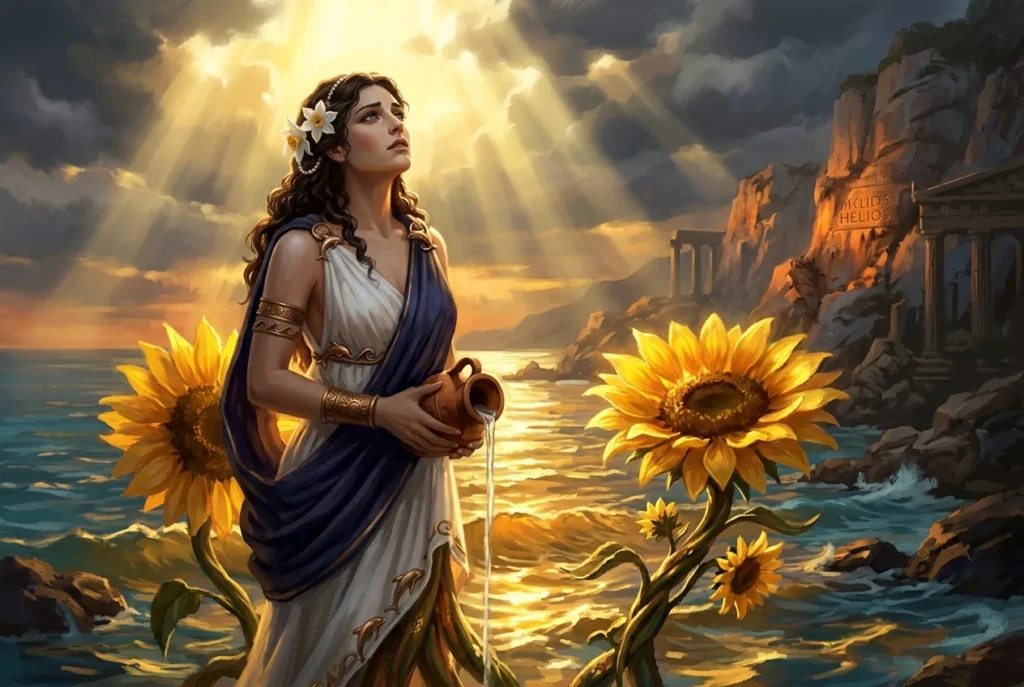 Clytie ninfa griega transformada en girasol, mitología griega antigua