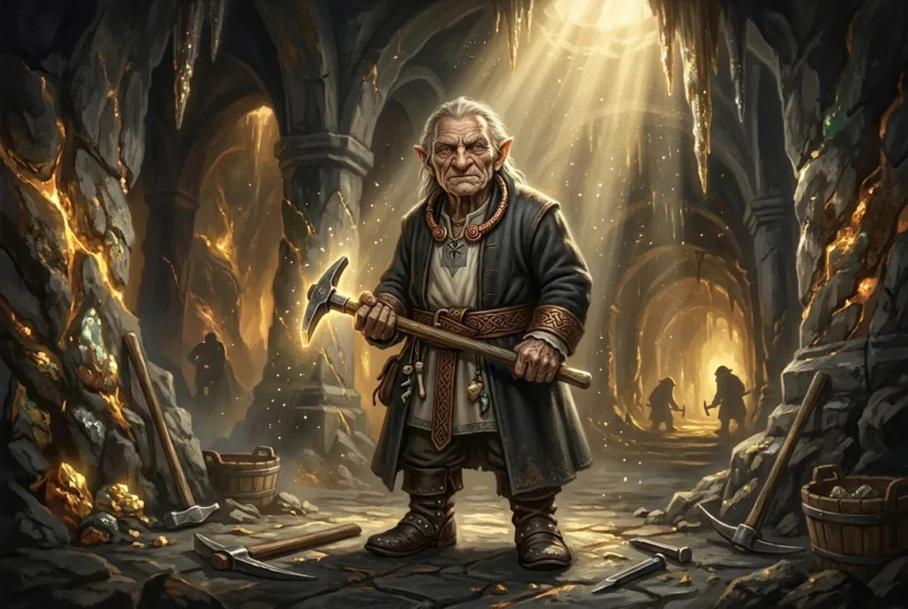 Coblynau, criaturas míticas de la mitología galesa que habitan las minas, representadas en ilustración de fantasía celta
