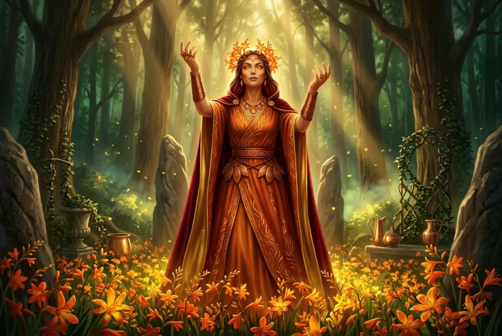 Crocosmia flores rojas en mitología europea - planta sagrada del folklore