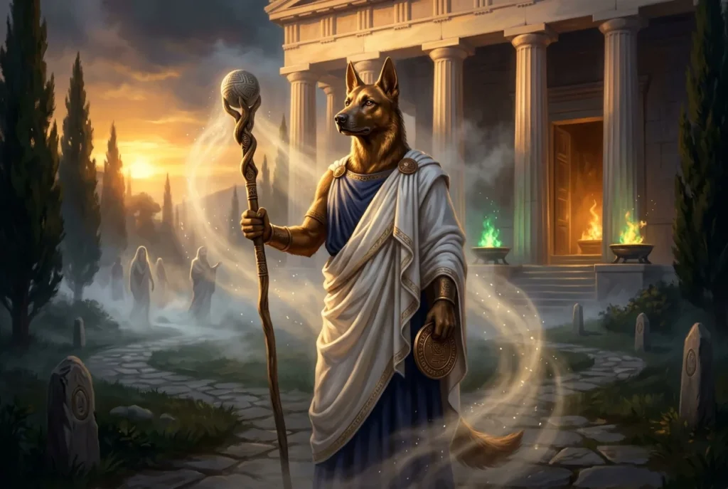 Cynocephalus criatura mitología griega con cabeza de perro y cuerpo humano representación antigua
