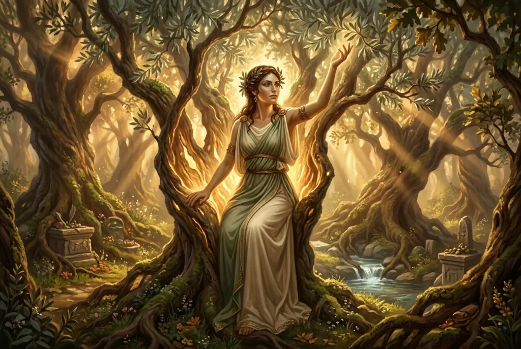 Dryade ninfa griega espíritu árbol mitología griega guardiana bosque antiguo