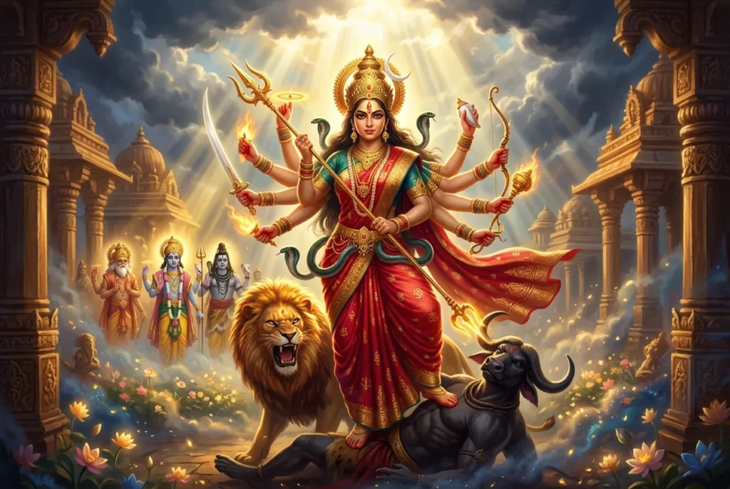 Durga diosa hindú guerrera celestial con múltiples brazos derrotando demonio, encarnación del poder femenino divino