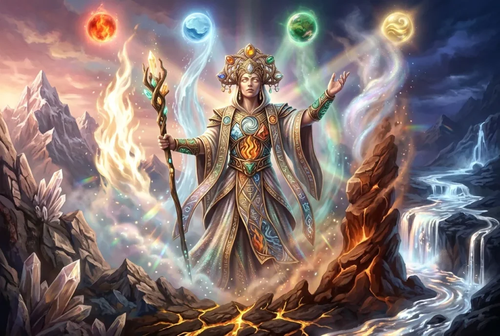 Elemental mitológico: ser esotérico de poder y misterio representando fuerzas naturales
