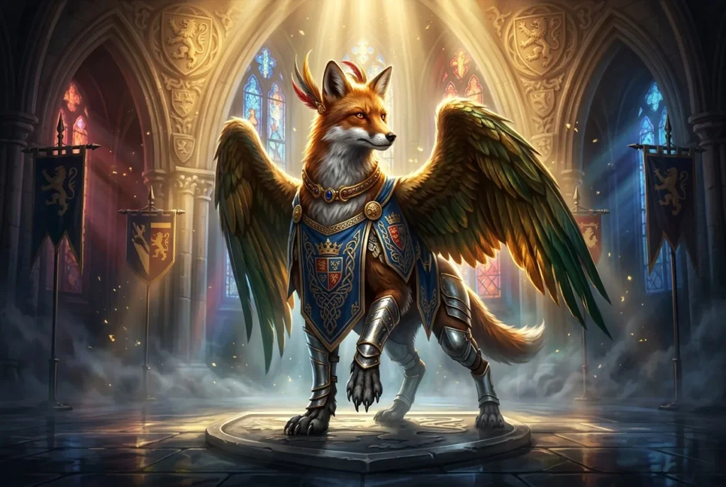 Enfield criatura heráldica medieval con cabeza de zorro, alas de águila y cuerpo de lobo - mitología británica