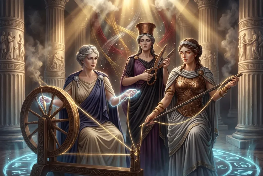 Las Moiras o Fates de la mitología griega: tres hermanas hilanderas del destino tejiendo el hilo de la vida