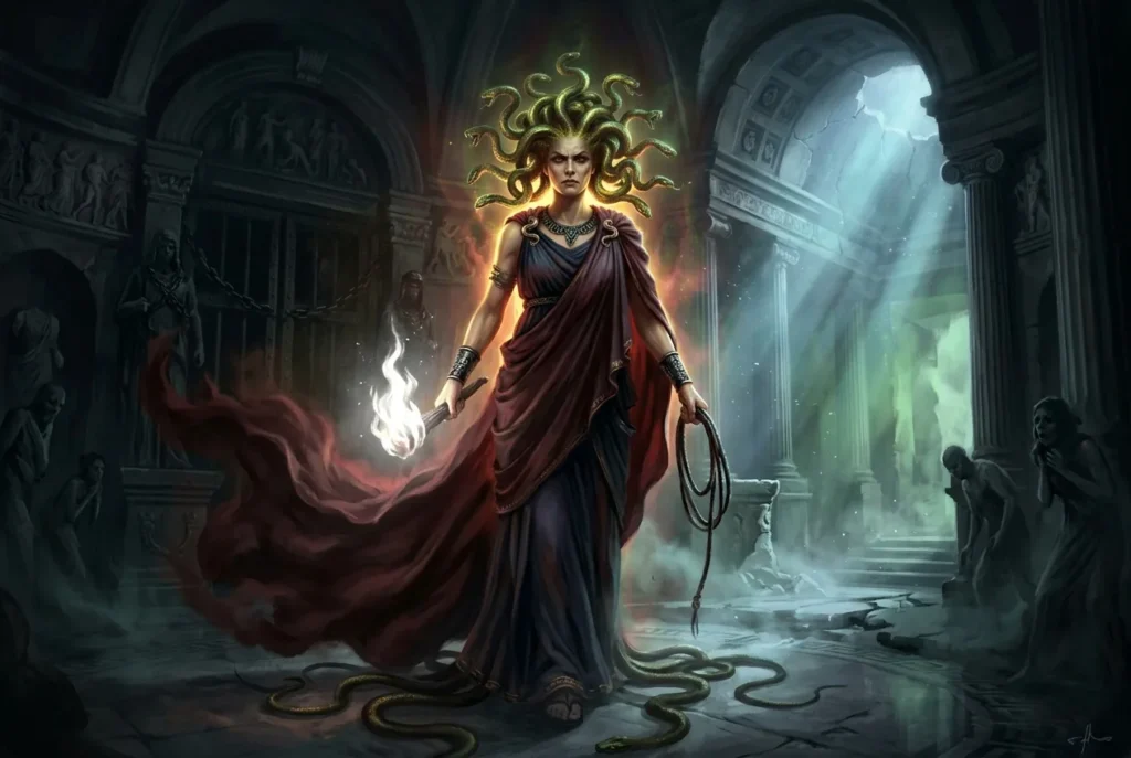 Las Furies o Erinias de la mitología griega, deidades vengadoras del inframundo representadas con alas y serpientes