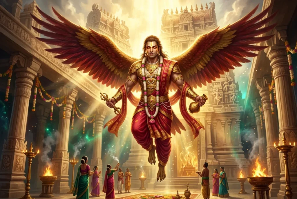 Garuda el pájaro divino de la mitología hindú, vahana de Vishnu, criatura legendaria colosal