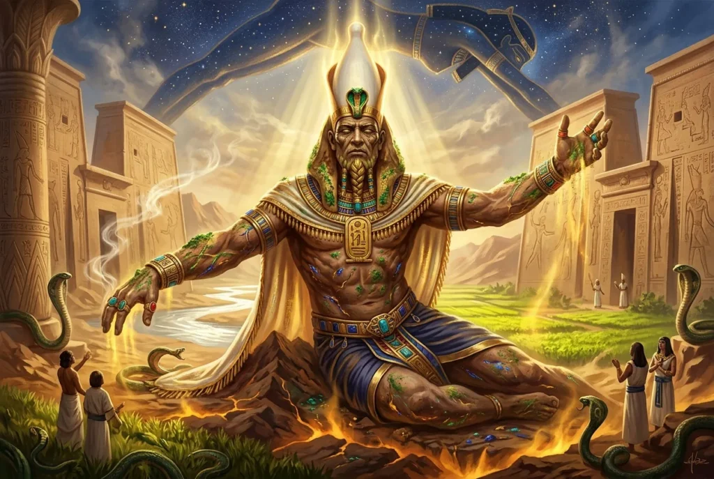 Geb, dios egipcio de la tierra, representado con piel verde y símbolos de fertilidad en la mitología antigua