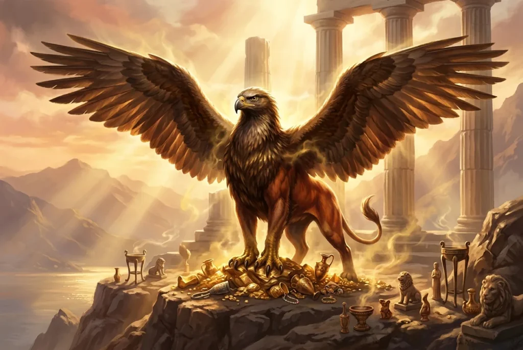 Griffín mitología griega guardián de tesoros con cuerpo de león y alas de águila símbolo de poder