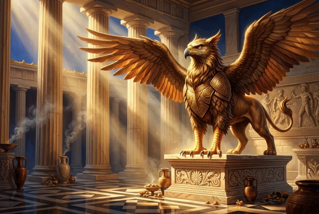 Grifo mitología griega: criatura híbrida con cuerpo de león y cabeza de águila, símbolo de protección y sabiduría divina