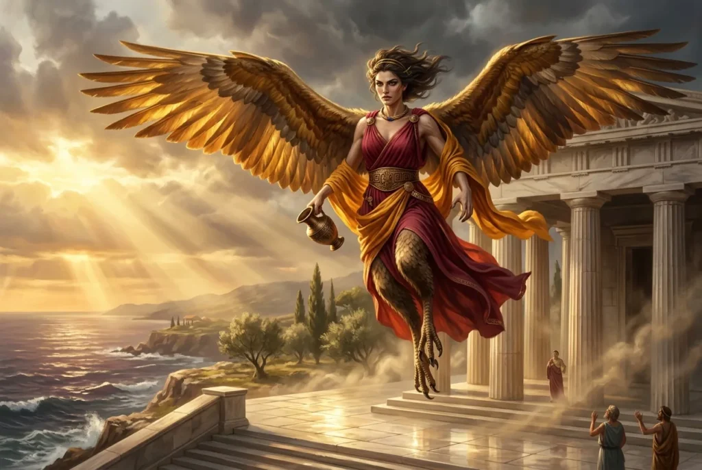 Harpia mitología griega criatura alada con cuerpo de ave y rostro de mujer