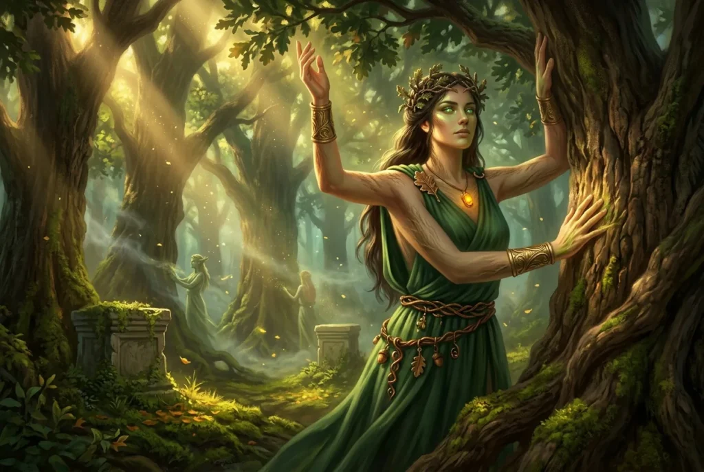 Hemadryada mitología griega, ninfa de árbol antigua en bosque místico con conexión divina a la naturaleza