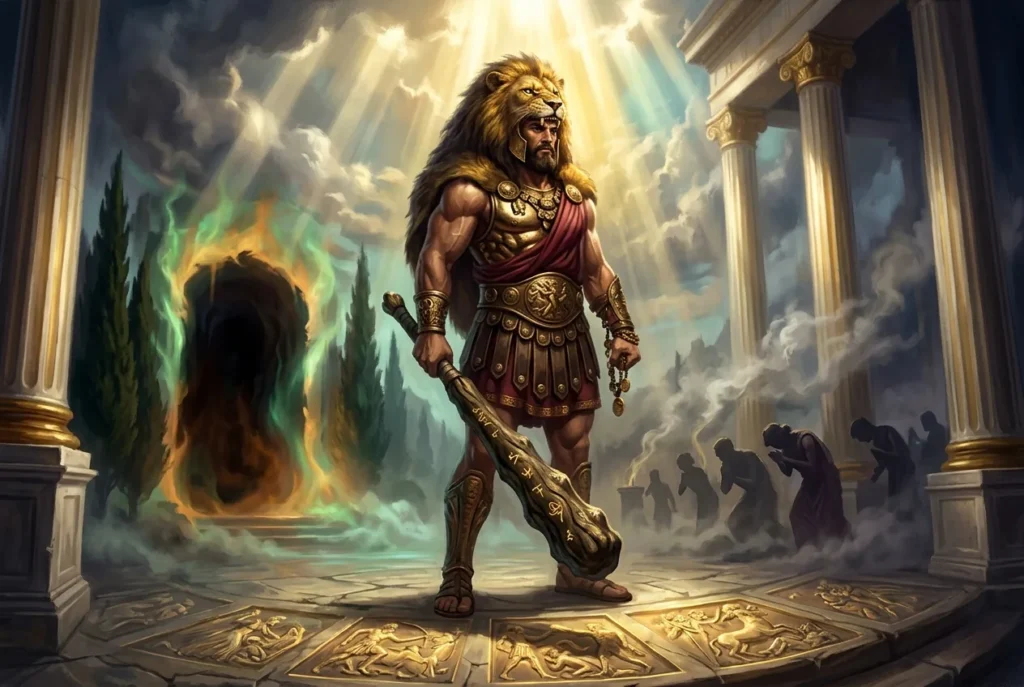Heracles el héroe de la mitología griega, semidiós hijo de Zeus representado con su clava y piel de león