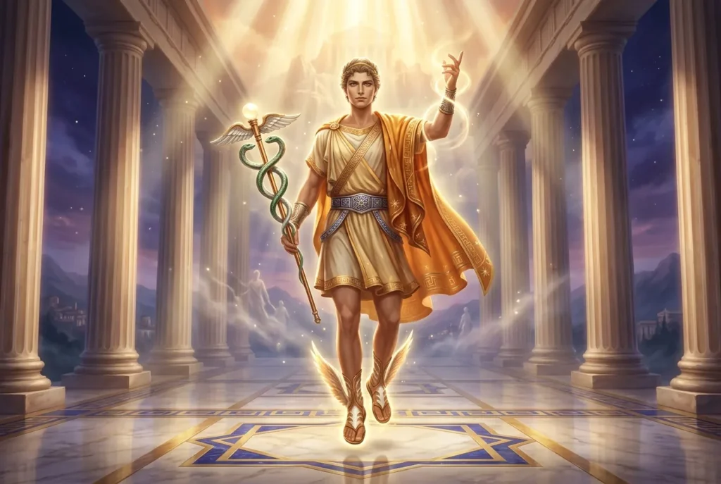 Hermes dios griega mitología mensajero divino con caduceo y sandalias aladas