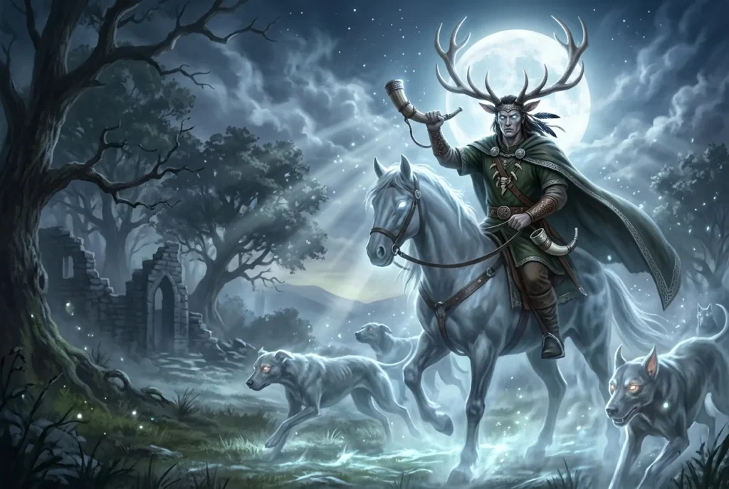 Herne el Cazador, espectro mitológico europeo con cuernos de ciervo del folclore inglés