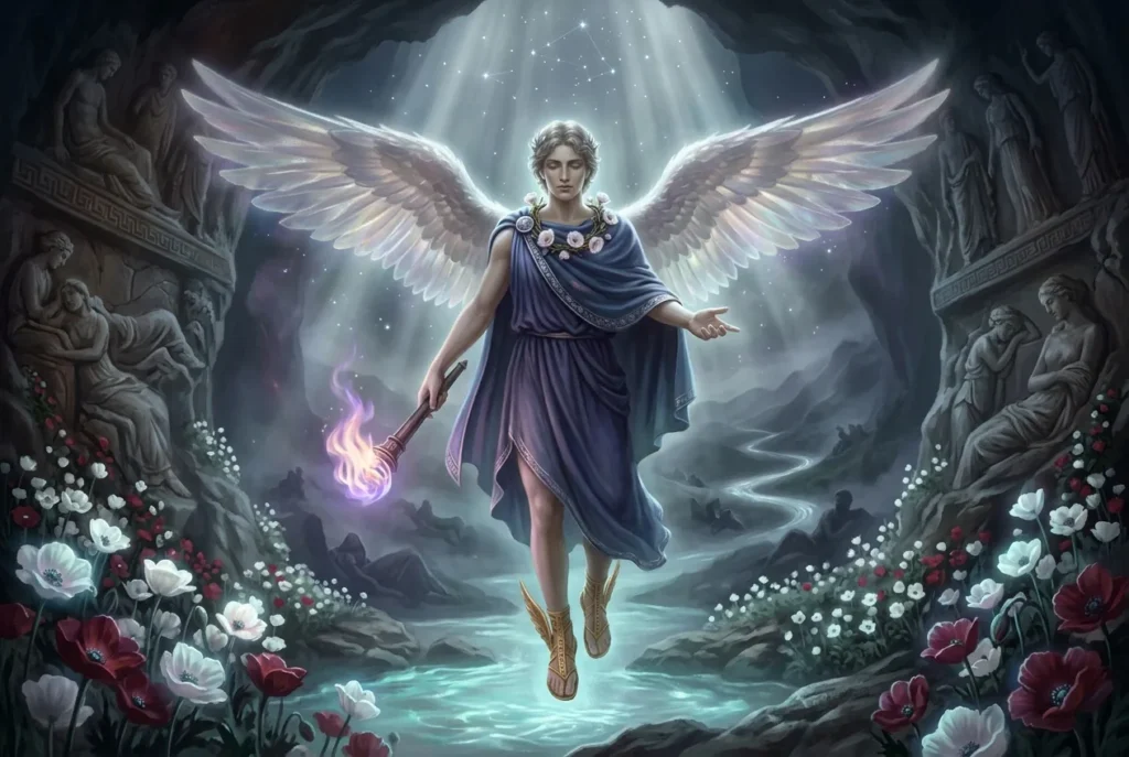 Hypnos dios griego del sueño con alas, mitología griega, deidad menor personificando el descanso nocturno