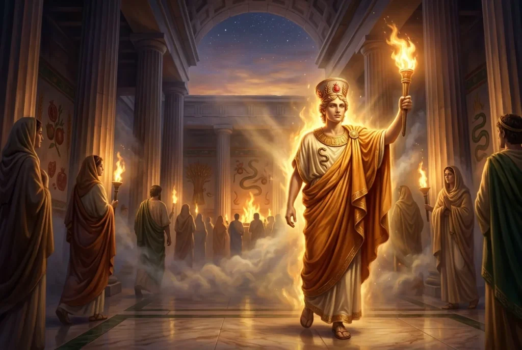 Iacchus dios griego de los Misterios Eleusinos, deidad de fertilidad y rituales sagrados de la mitología griega