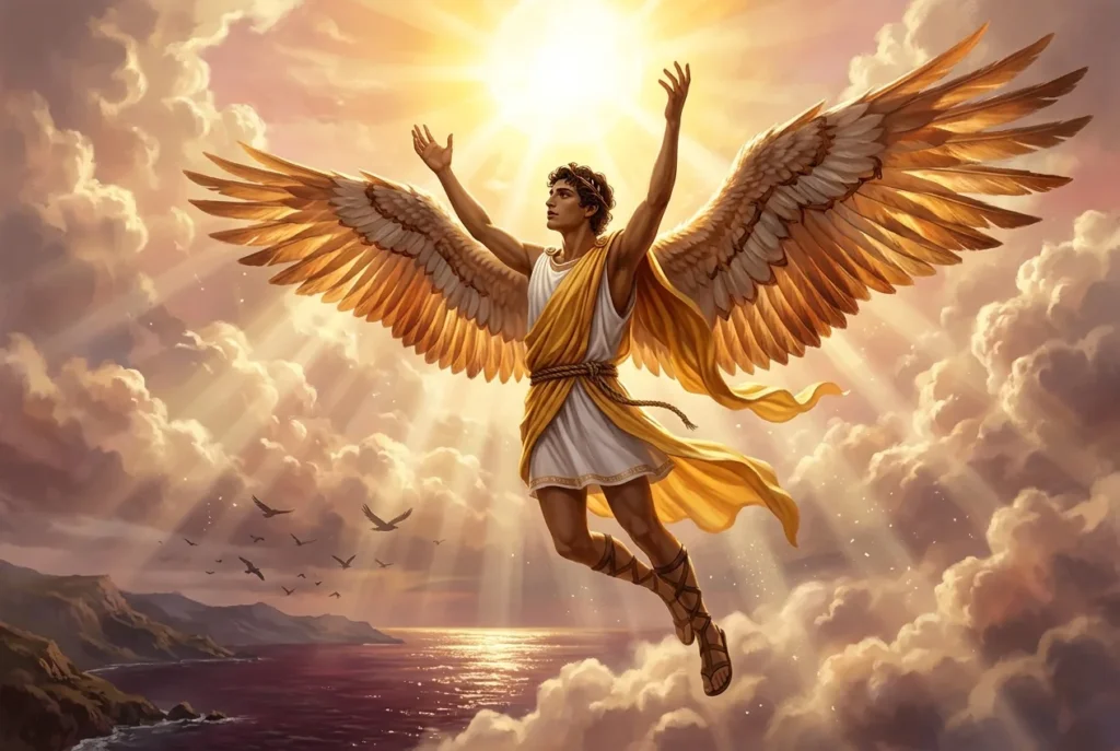 Icarus mitología griega volando hacia el sol con alas de cera, figura legendaria de la antigua Grecia