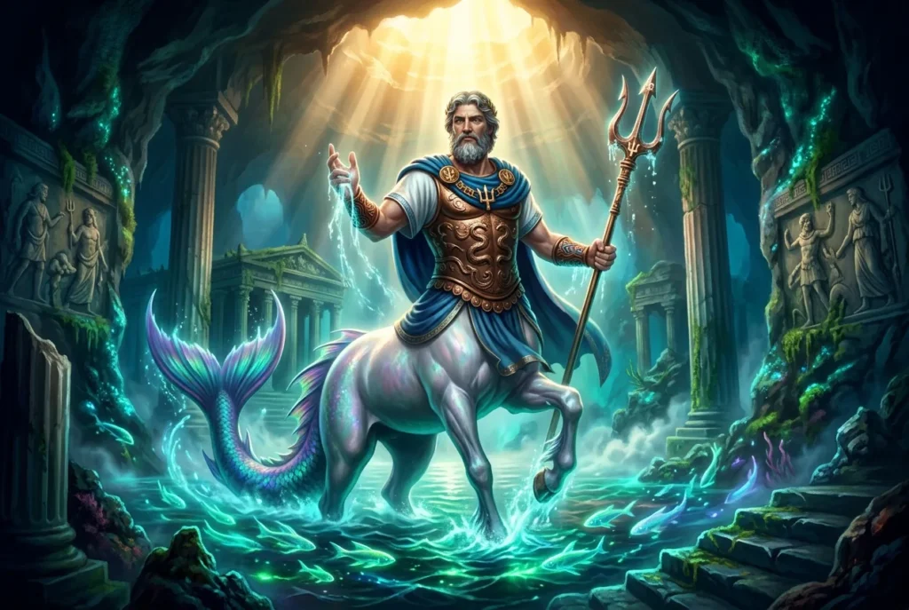 Ichthyocentaur mitología griega: criatura marina híbrida con torso humano, cuerpo de caballo y cola de pez en las aguas míticas