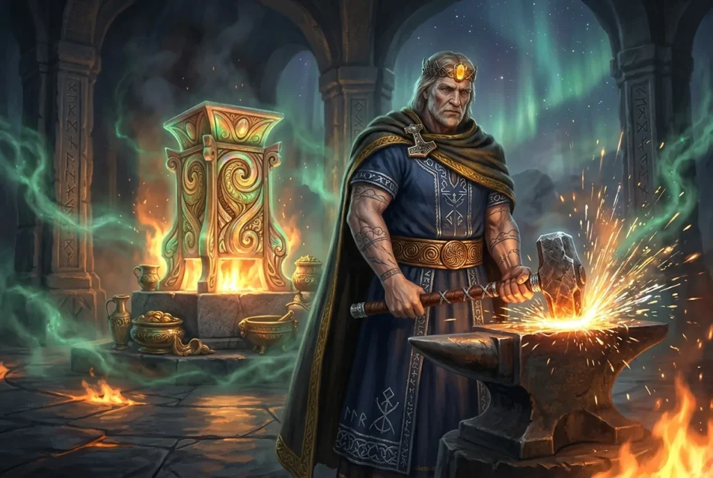 Ilmarinen el herrero eterno de la mitología finlandesa forjando la Sampo, la deidad artesana del Kalevala