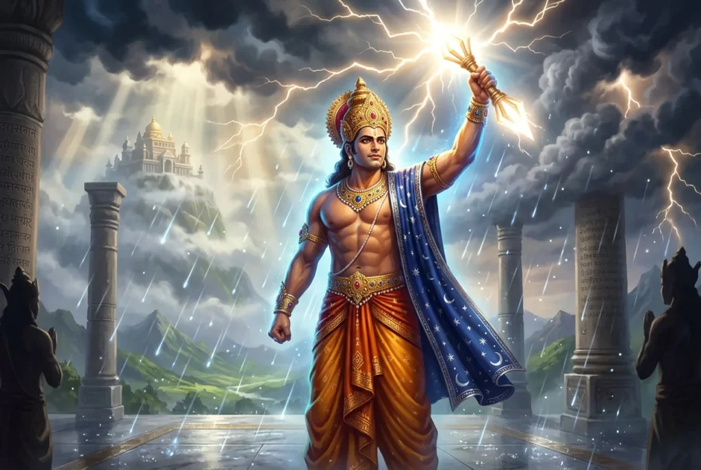 Indra dios del trueno mitología hindú - deidad vedanta con rayo y corona